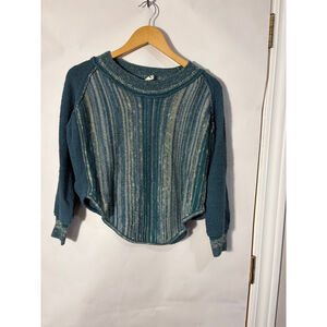 Daily Practice Cropped Knit Sweater Blue Green Raglan Lightweight XS Boho